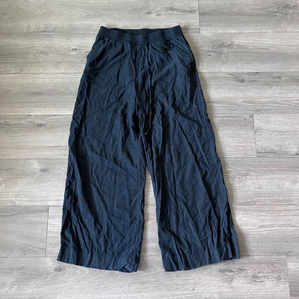 A New Day Black Linen Blend Wide Leg Crop Pants Elastic Waist Drawstring Large